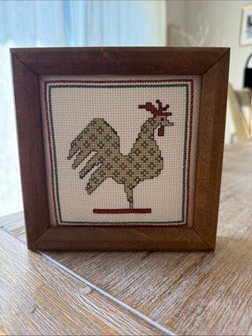 Framed Cream and‎ Green Rooster Cross-Stitch Wall Decor